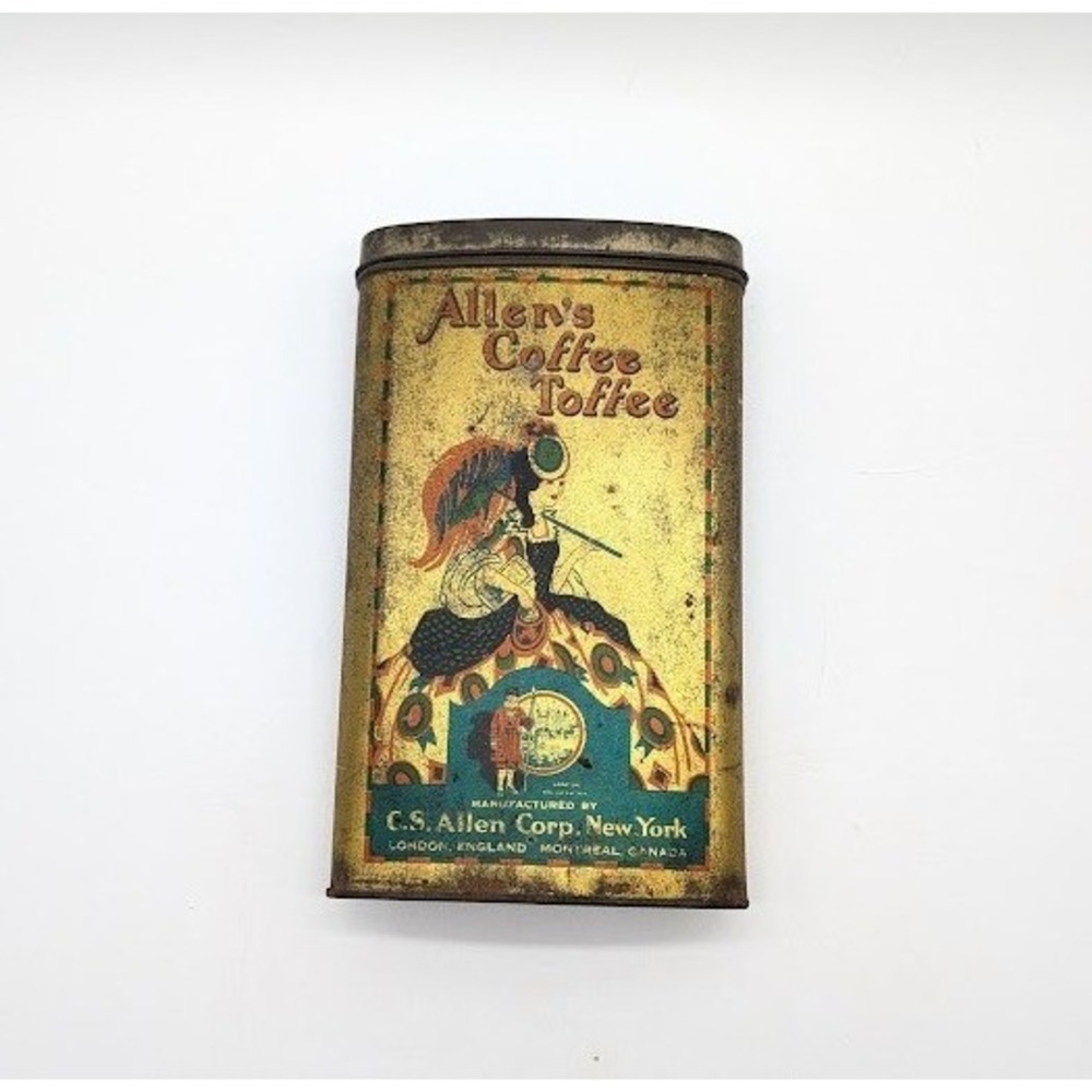 Vintage Allen's Coffee Toffee Tin 6" Antique Advertising England Victorian Woman